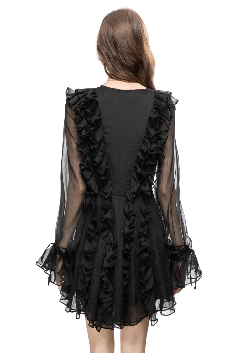 Kadın pist elbiseleri v boyun uzun kollu fırfırlar dantelli moda tasarımcısı kısa vestidos homencoming elbise