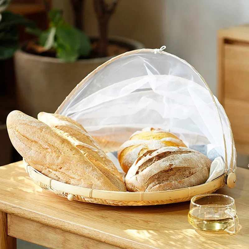 Hand-Woven Food Tent Basket Tray Fruit Vegetable Bread Basket Simple Atmosphere Outdoor Picnic Mesh Net Cover