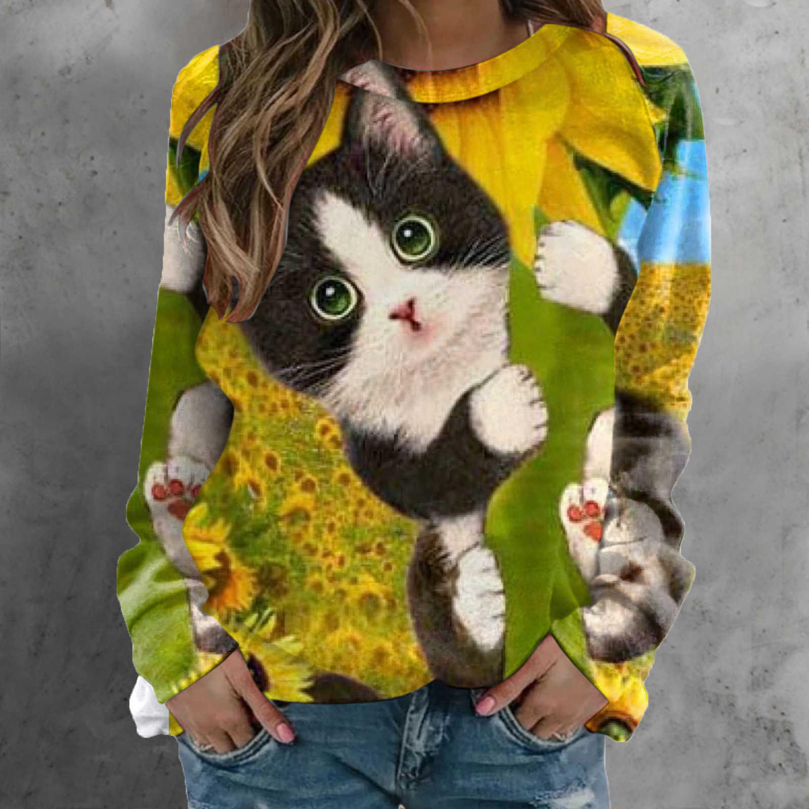 Outono inverno roupas femininas impressão de gato blusa casual camisa solta em torno do pescoço pulôver manga longa oversize moda novo topo