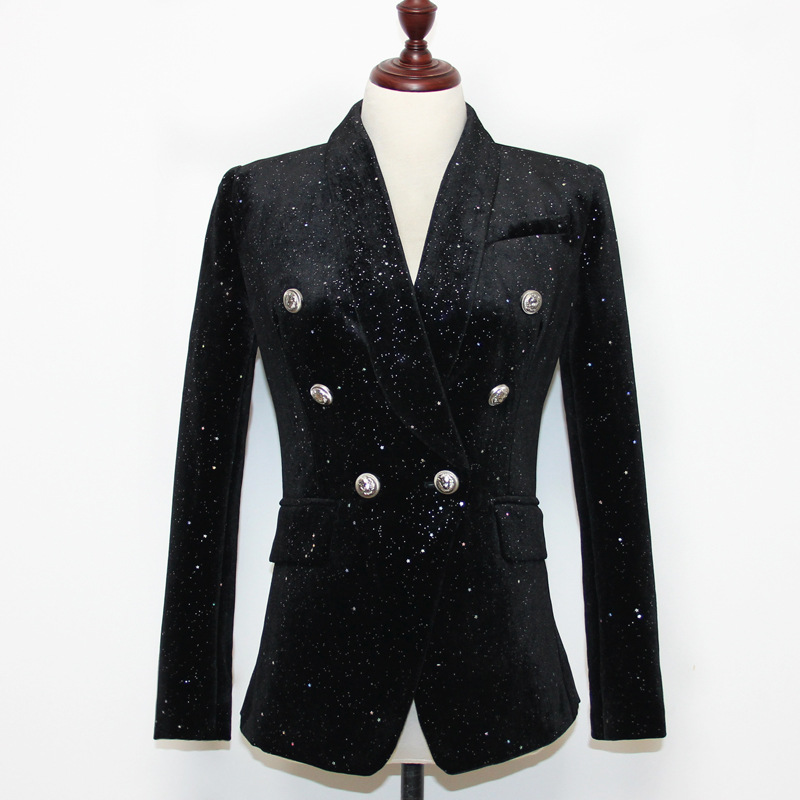 BA065 DESIGNER BLAZER JACCH Women's Shawl Collar Bling Star Velvet Blazer Coat Double Breasted Vintage Long Black Blazers Ladies