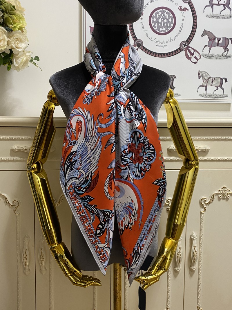 Foulard carré pour femmes, 100% soie sergé, imprimé orange, lettres et fleurs, motif, taille 110cm -110cm