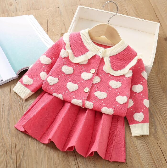 Autunno Inverno Cute Baby Girls Set di abbigliamento lavorato a maglia Cardigan lavorato a maglia a maniche lunghe bambini + Gonne 2 pezzi Set Abiti bambini Vestito ragazza