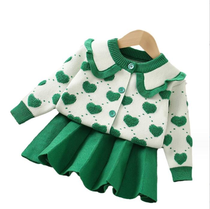 秋の冬の素敵な女の赤ちゃん編み衣類セットキッズ長袖カーディガン+スカート