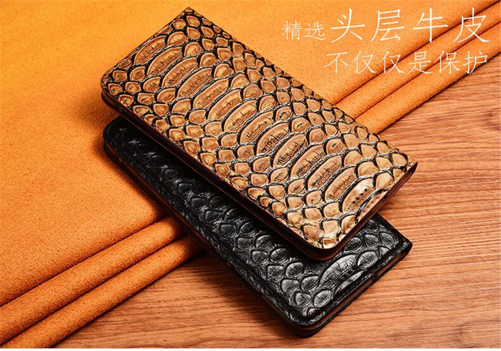 Genuine Cowhide Leather Python Flip Case fr iPhone 15 Pro Max 14 13 Card Slot Holder Cover