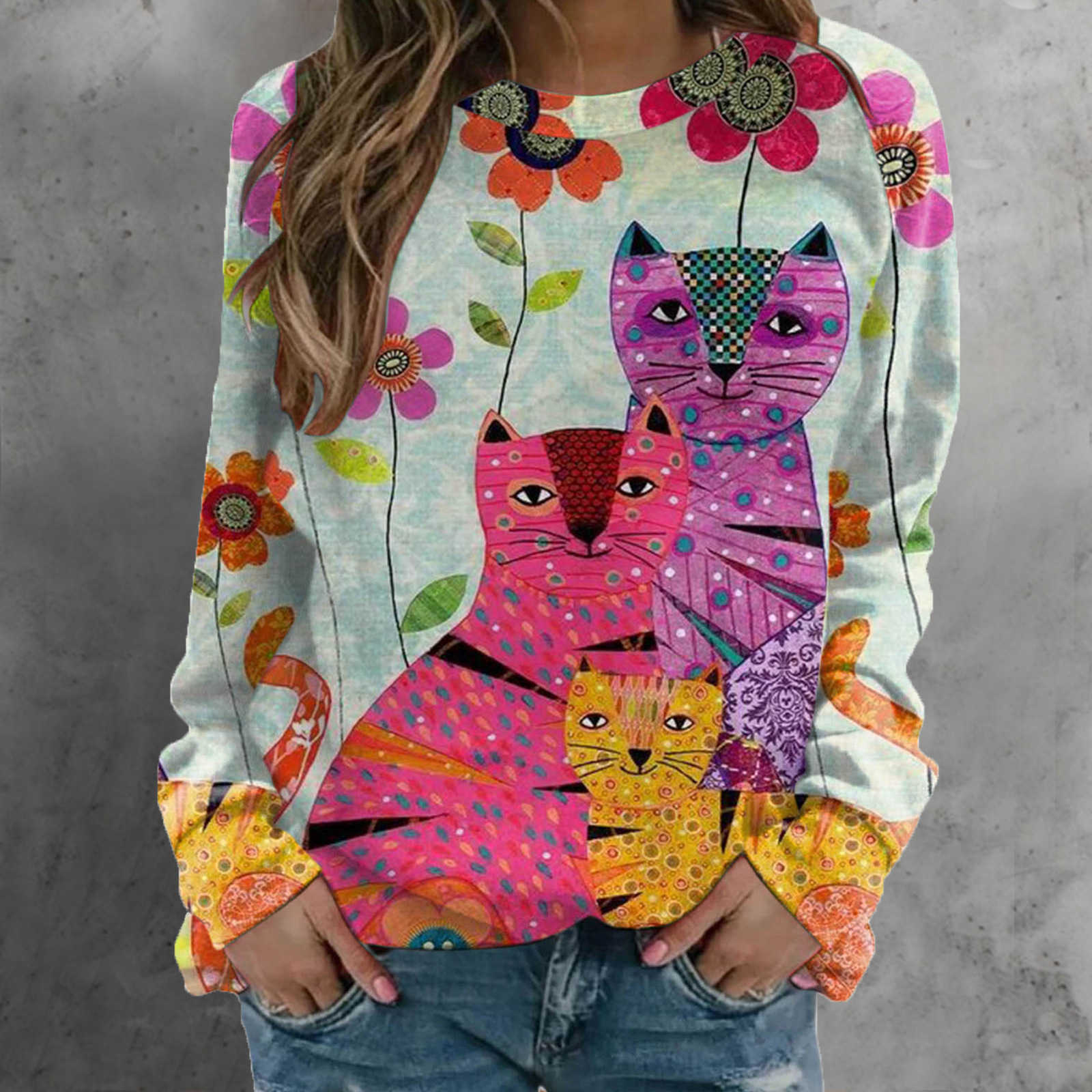 Outono inverno roupas femininas impressão de gato blusa casual camisa solta em torno do pescoço pulôver manga longa oversize moda novo topo