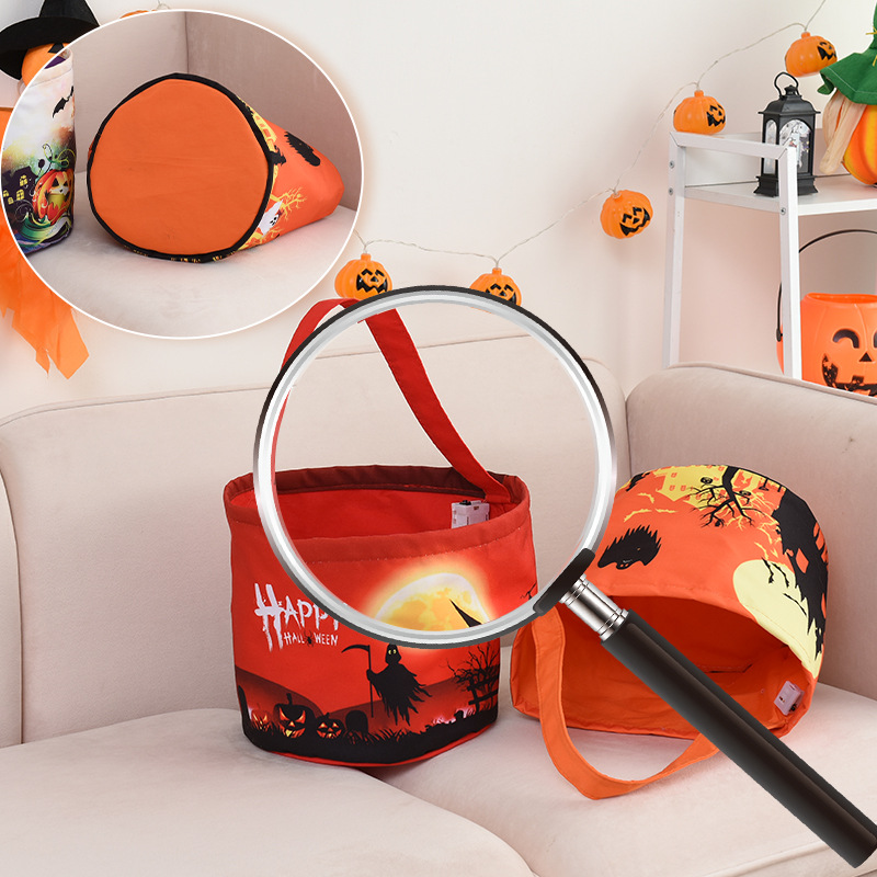 LED Light Halloween Candy Bucket Basket Trick Treat Bags Reusable Tote Bag Pumpkin Candy Gift Baskets With Handle Carrying For Kids Party Supplies Favors