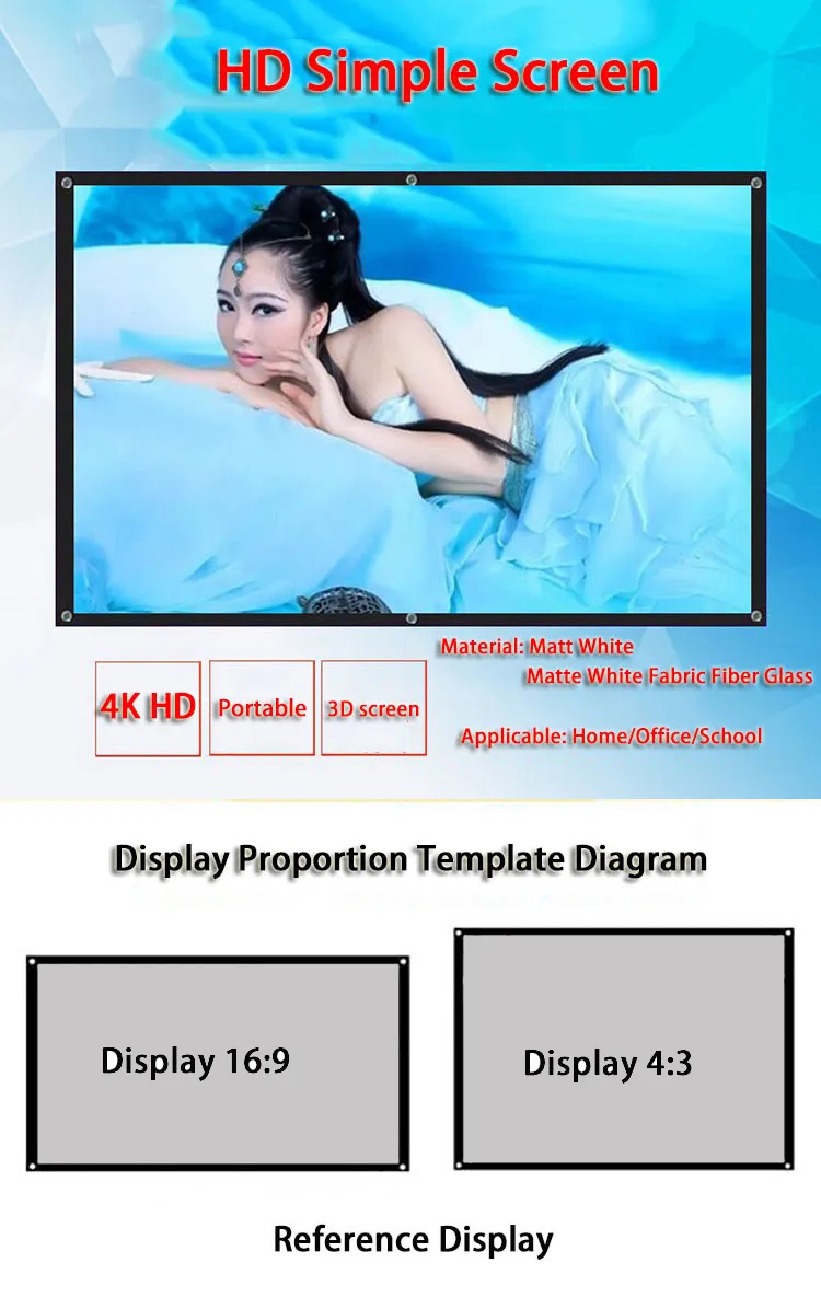 휴대용 프로젝터 화면 120 ''16 : 9 롤 쉽게 PVC 패브릭 홈 시어터 영화 화이트 무광택 LED 벽 마운트 극장 영화를위한 투영 스크린