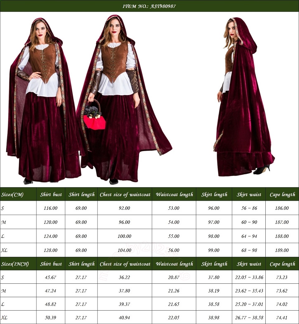 Luxury Court Medieval Little Red Riding Hood Costume With Long Sal