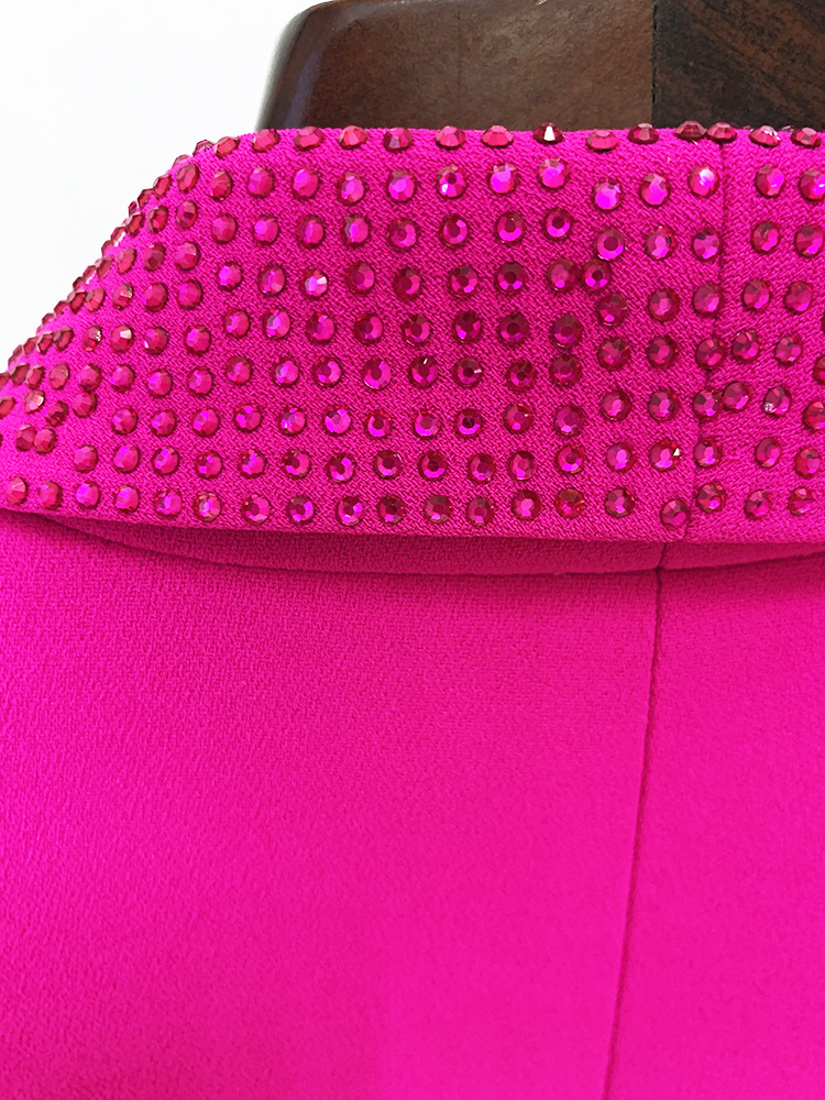 BS052 costume pantalon rose vif plume d'autruche à la mode luxe vraie plume embelli diamant col châle ensemble de veste de costume