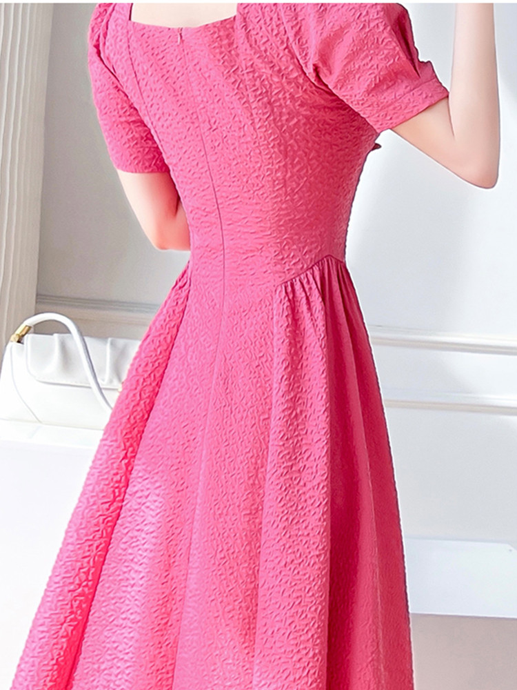 Basic Casual Dresses 2024 Women's New Fashion Puff Short Sleeve Summer Dress French Vintage Elegant Square Neck Temperament Jacquard Long Dress