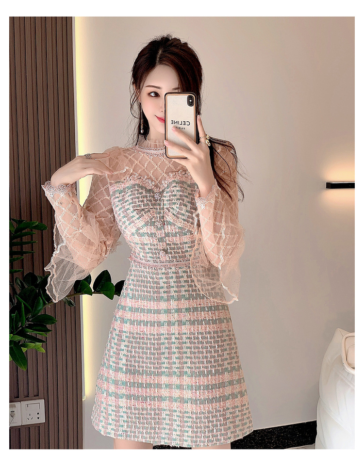 Basic Casual Jurken 2024 Mesh Patchwork Borduren Elegante Jurken Voor Vrouwen Opstaande Kraag Flare Lange Mouwen Hoge Taille Chique Geruite Tweed Wollen Jurken