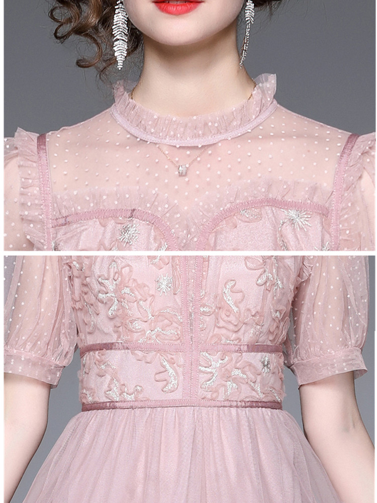 기본 캐주얼 2024 라인 새로운 패션 디자이너 활주로 여름 핑크 메쉬 드레스 여자 퍼프 슬리브 주름 휴가 휴가 우아한 긴 드레스 vestidos