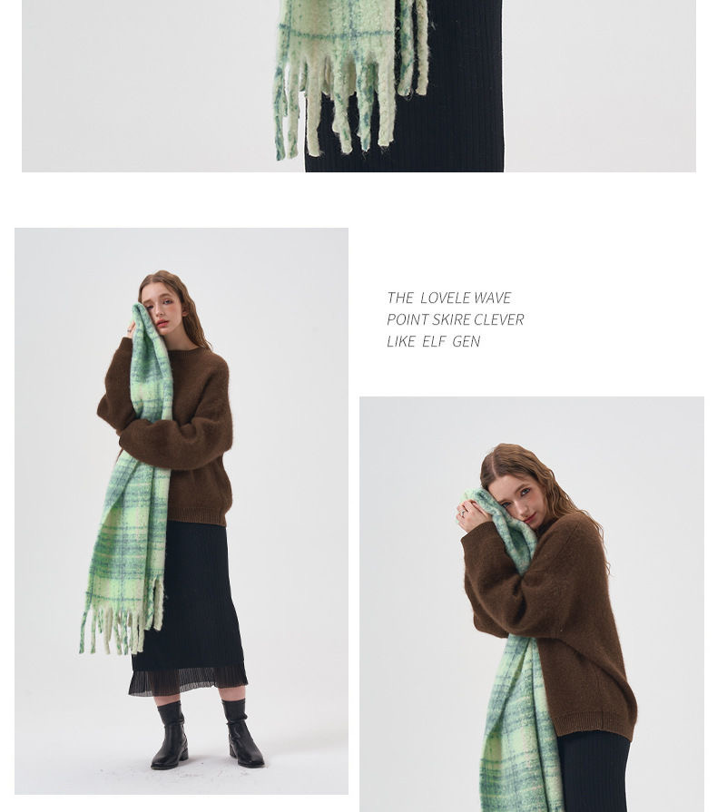 Karierter Schal, Paarschal, grüne Quaste, modisches Design, Winter, weich, klebrig, warm, großer Schalhals