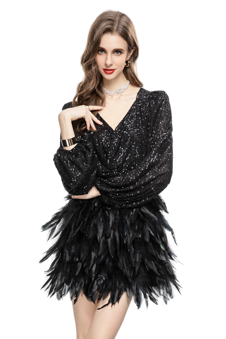 Women's Runway Dresses V Neck Long Lantern Sleeves Sequined Feathers Detailing Fashion Homecoming Vestidos