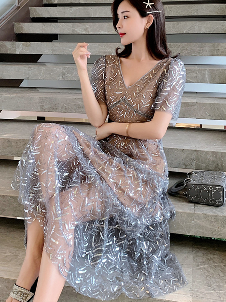 Basic Casual Dresses 2024 High Quality Luxury Design Runway Dress 2023 New Arrive Sexy V-Neck Sequin Midi Dress Vestidos