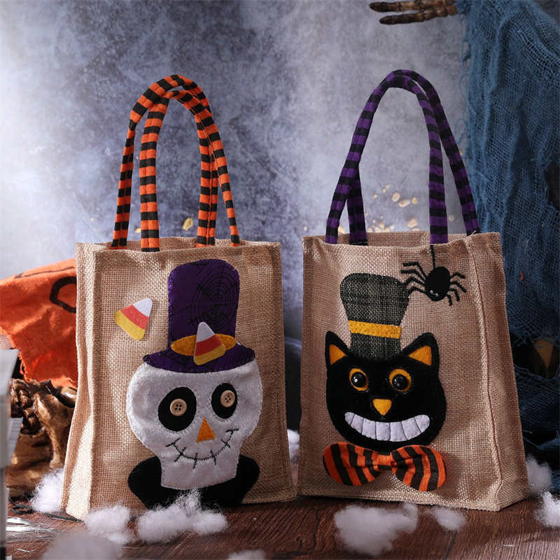 Halloween Pumpkin Linen Cloth Handbags Portable Children Party Candy Sugar Collection Gift Reusable Bags Festive Halloween Dress Up Creative Cartoon Decorations