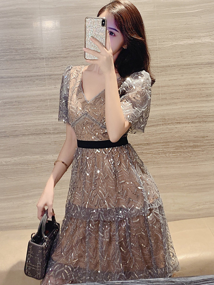 Basic Casual Dresses 2024 High Quality Luxury Design Runway Dress 2023 New Arrive Sexy V-Neck Sequin Midi Dress Vestidos