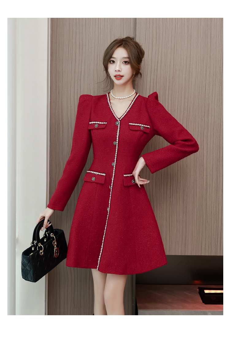 Basic Casual Dresses 2024 A Line High Quality New Year Red Tweed Dress Women's Autumn Autumn Winter French V Neck Small Fragrant Woolen Dresses Vestidos