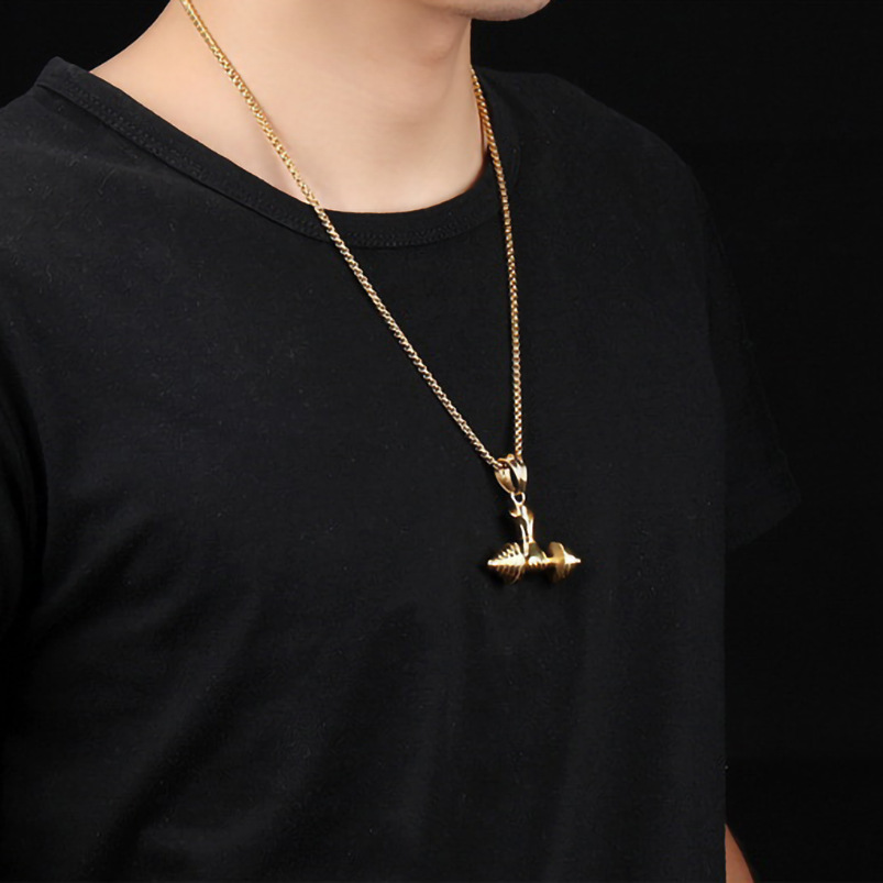 Men Necklace Fashion Fitness Sports Punk Necklace gold barbell Pendant Necklace Gift for Boy