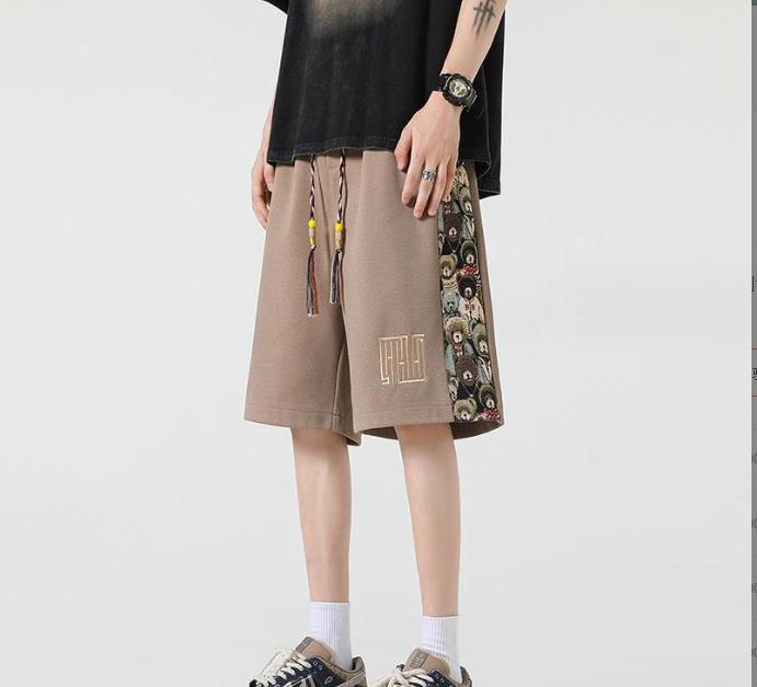 2024 verano juvenil americano Vintage bordado tejido pequeño oso tendencia Casual suelta tamaño 5/4 pantalones para hombres