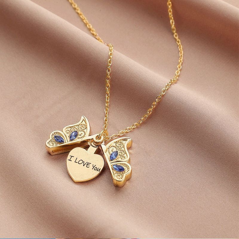 Kreative zu öffnende Kristall-Schmetterlings-Halskette, herzförmig, „Ich liebe dich“-Anhänger-Halskette, modisch, Gold, Silber, Farbe, Damenschmuck, Geschenk
