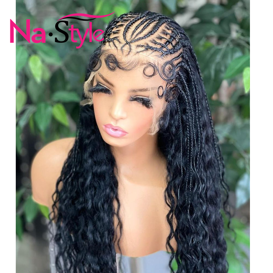 Peruvian 28'' Cornrow Braids Lace Wigs 13x4 Lace Frontal Wig Braided Curly Lace Front Wig With Baby Hair Frontal Afro Wig For Black Women