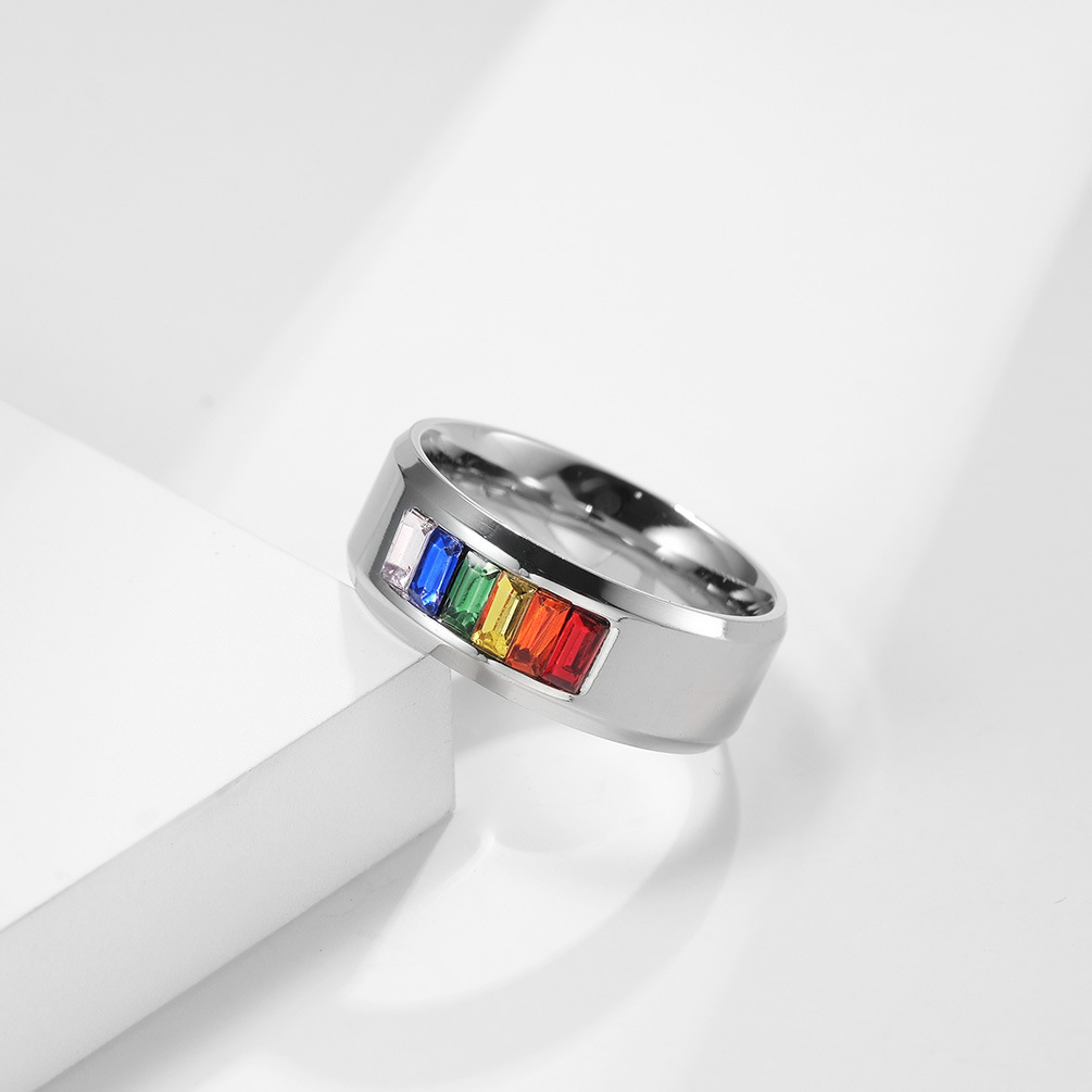 Fadhion Bague drapeau arc-en-ciel en acier inoxydable pour homme en acier titane lisse plaqué or