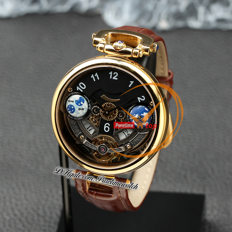 1822 Ottantasei Tourbillon Orologio svizzero al quarzo da uomo Cassa in acciaio in oro giallo 18 carati Quadrante scheletrato nero Cinturino in pelle marrone Orologi Puretime Z01D4