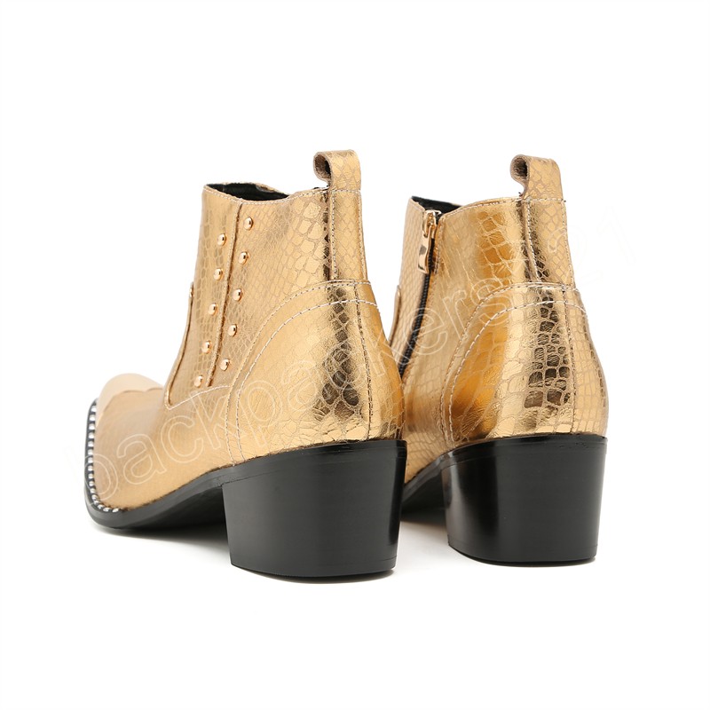 Итальянские ковбойские модные ботинки, мужские мотоциклетные ботинки со стальным острым носком, золотистая обувь из змеиной кожи на высоком каблуке с заклепками