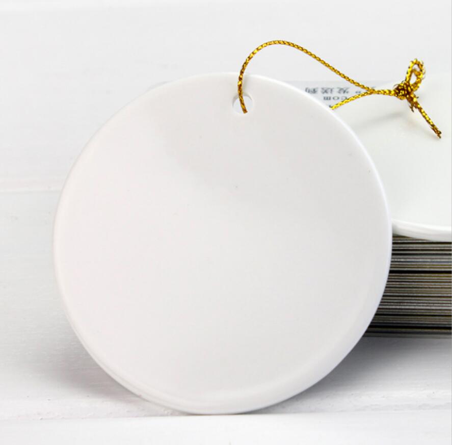 3 inch Round Circle Custom Sublimation Blank Ceramic Pendant Christmas Ornaments Flat Christmas Tree Decor With Rope