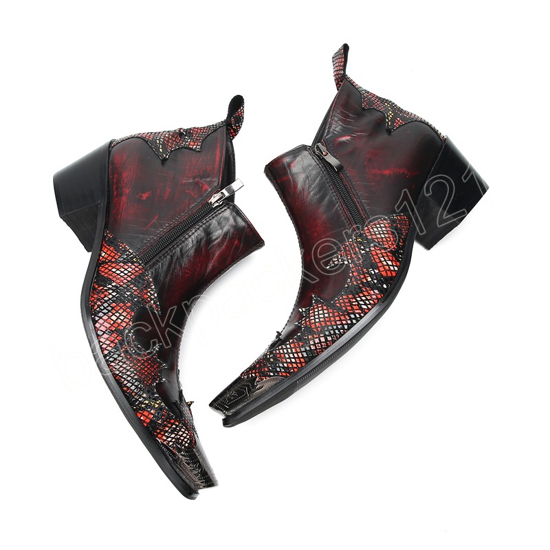 Men italian Dress Boots Steel Pointed Toe Patchwork Snake Skin High Heels Motorcycle Cowboy Boots Leather Shoes Man