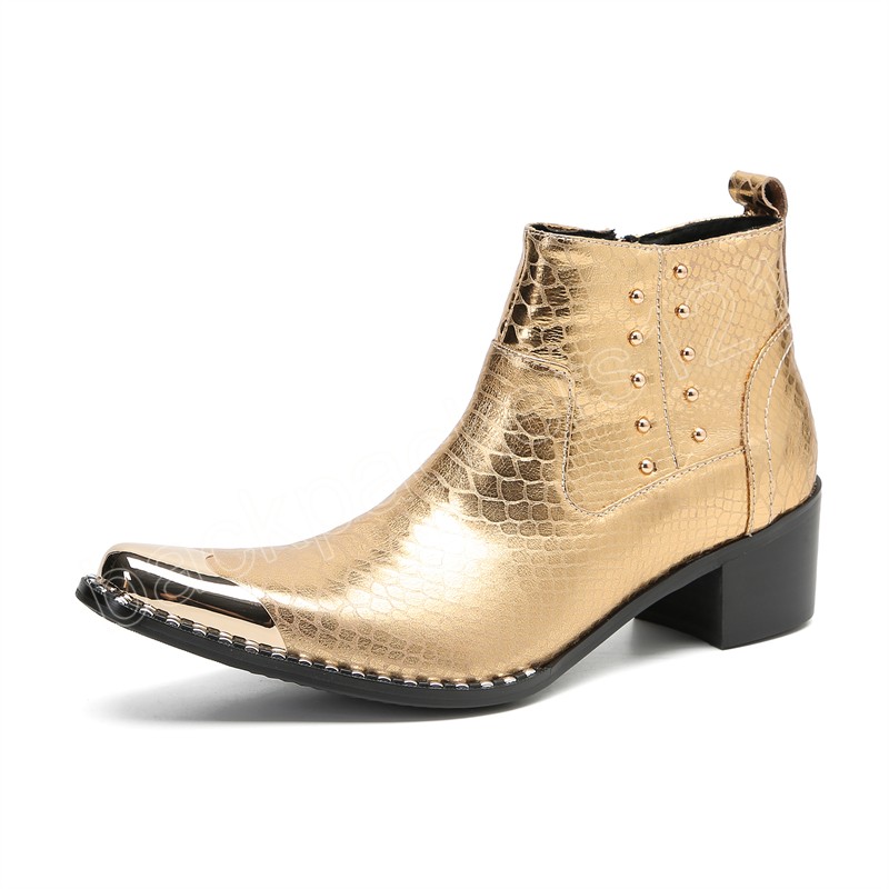 italian Cowboy Dress Fashion Boots Men Steel Pointed Toe Gold Snake Skin High Heels Rivets Shoes Motorcycle Boots Man