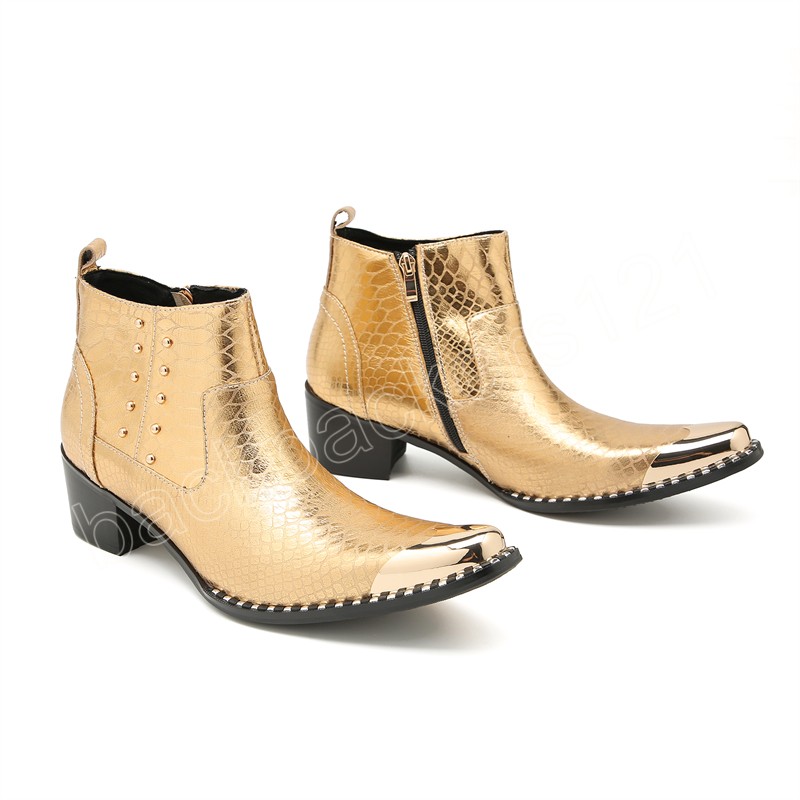 italian Cowboy Dress Fashion Boots Men Steel Pointed Toe Gold Snake Skin High Heels Rivets Shoes Motorcycle Boots Man