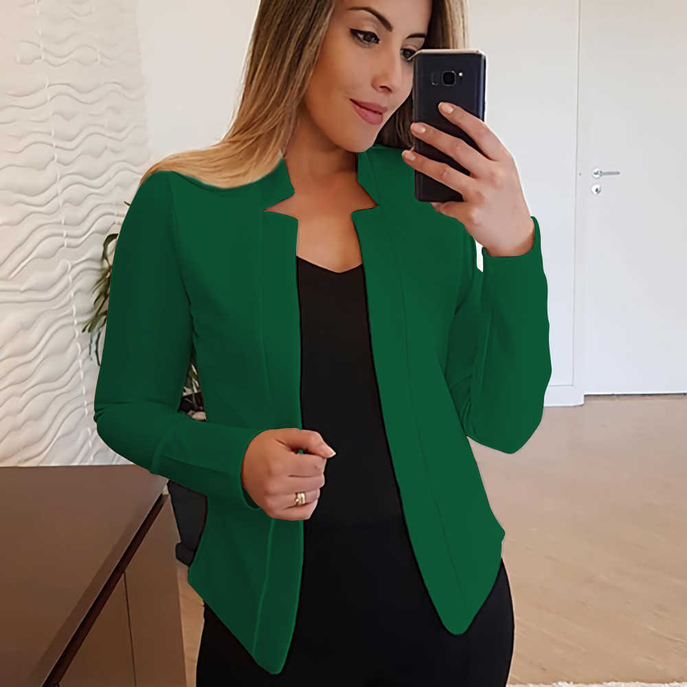 New Women Blazer Jacket SpringAutumn Allmatch Solid Color Polyester Business Office Lady Coat Suit