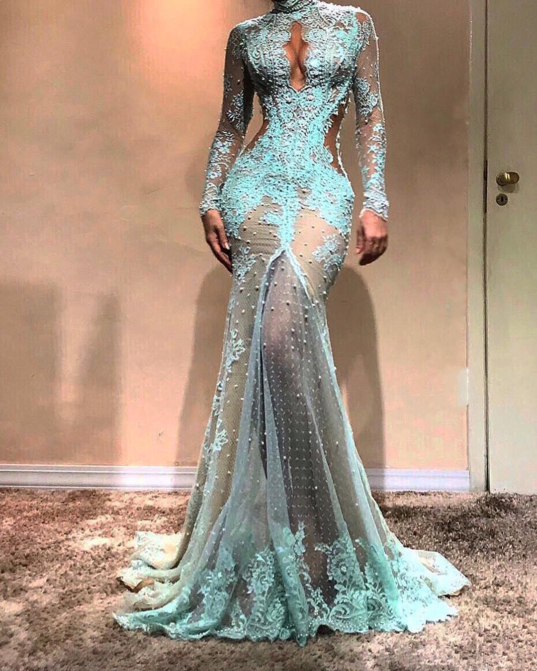 High Neck Luxury Full Lace Pearls Mermaid Evening Dresses Dubai Thricion High Split Prom Prom Cutaway Side Celebrity Gowns