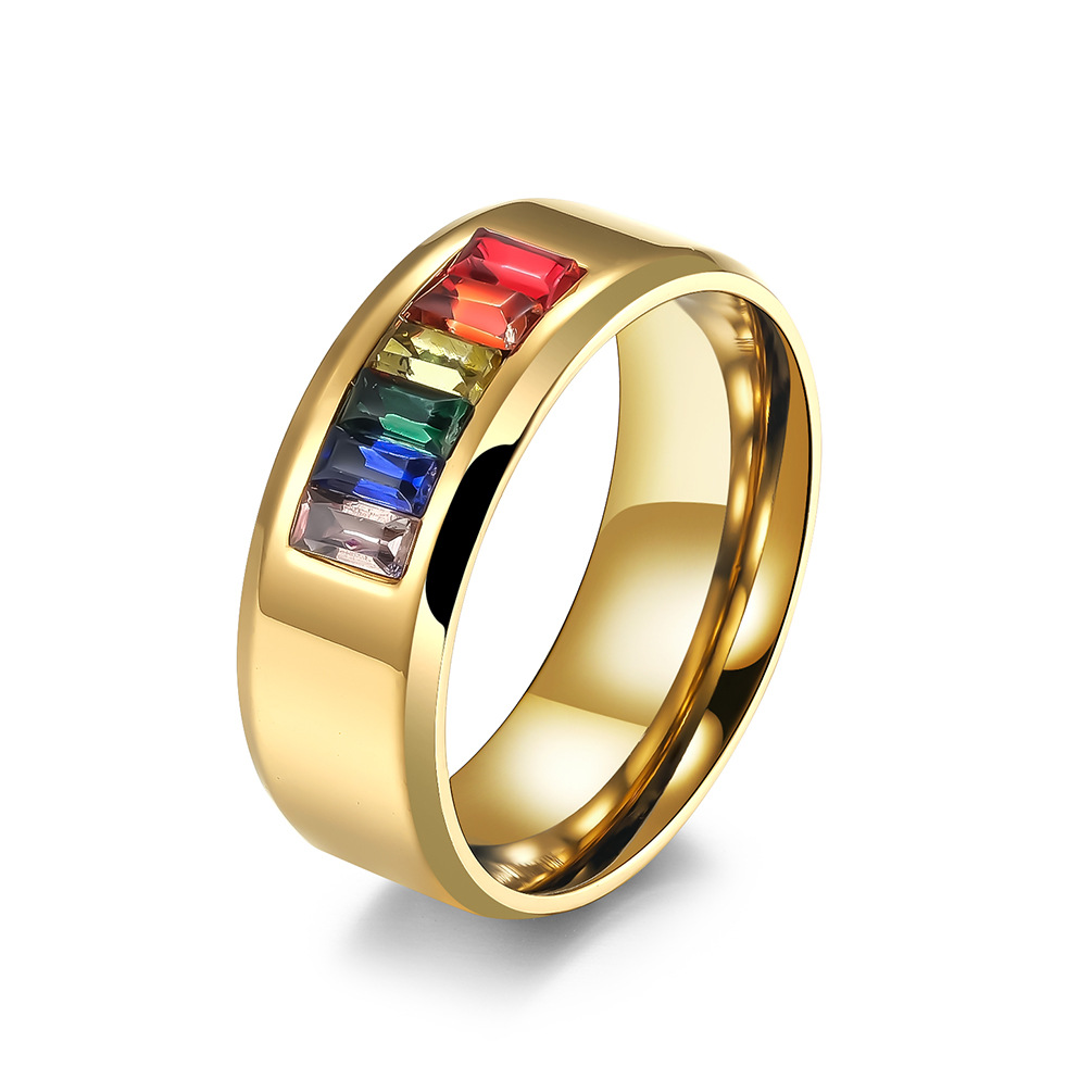 Fadhion Bague drapeau arc-en-ciel en acier inoxydable pour homme en acier titane lisse plaqué or