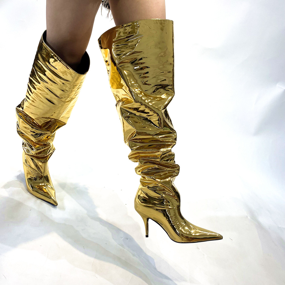 2023 nova moda outono botas altas femininas dedo do pé apontado grande couro de patente botas de salto alto tamanho grande sobre o joelho botas altas