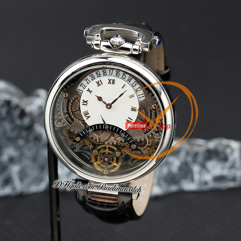 1822 Ottantasei Tourbillon Swiss Quartz Mens Watch Steel Case White Stick Skeleton Dial Brown Leather Strap Watches Puretime Z01G7