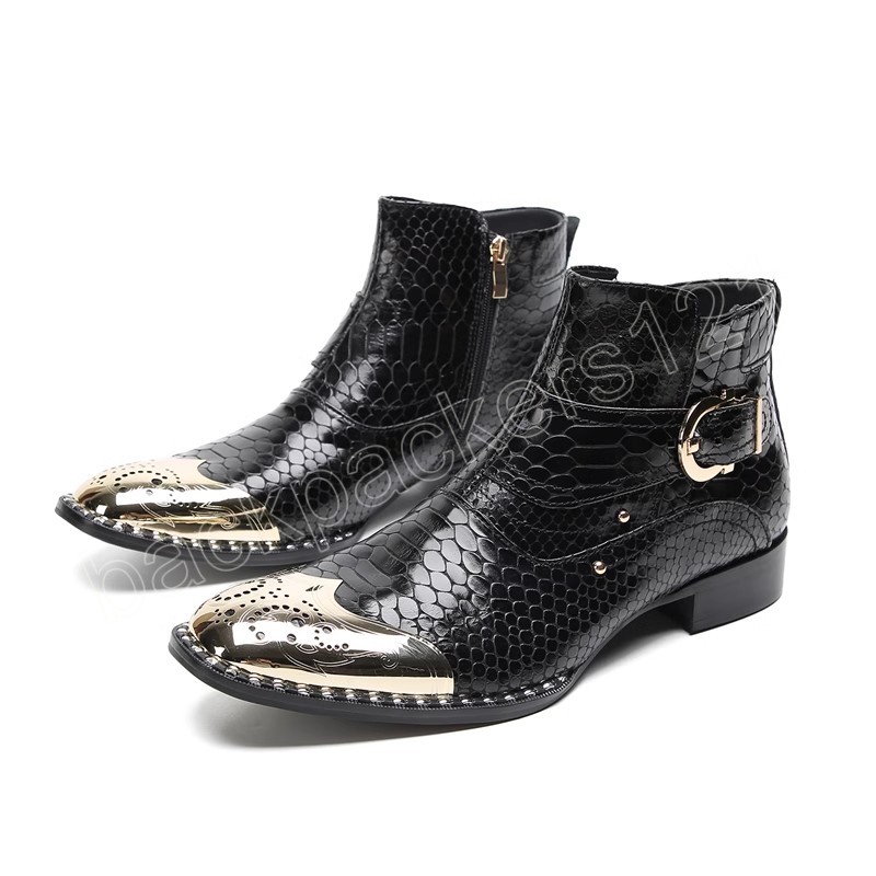 Stivaletti da uomo italiani Scarpe in vera pelle dorata Scarpe in pelle di serpente con punta quadrata in metallo Stivali eleganti da uomo Botas Hombre