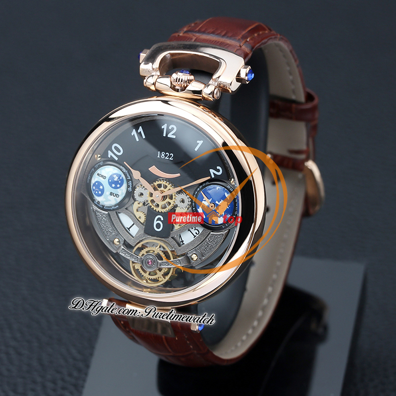 1822 Ottantasei Tourbillon Swiss Quartz Mens Watch 18K Rose Gold Steel Case Black Skeleton Dial Brown Leather Strap Watches Puretime Z01C3