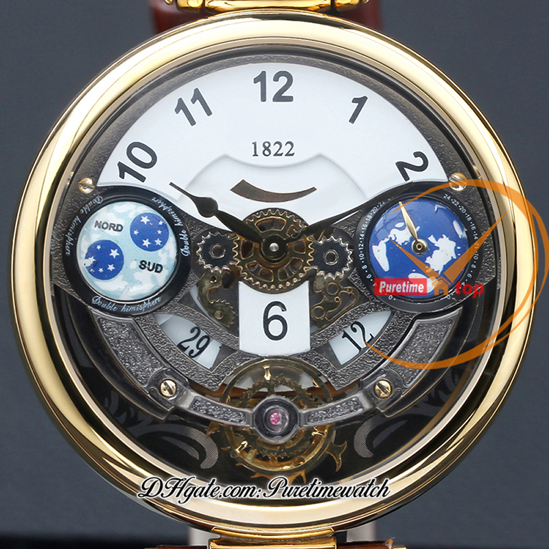 1822 Ottantasei Tourbillon Orologio svizzero al quarzo da uomo Cassa in acciaio in oro giallo 18 carati Quadrante scheletrato bianco Cinturino in pelle marrone Orologi Puretime Z01