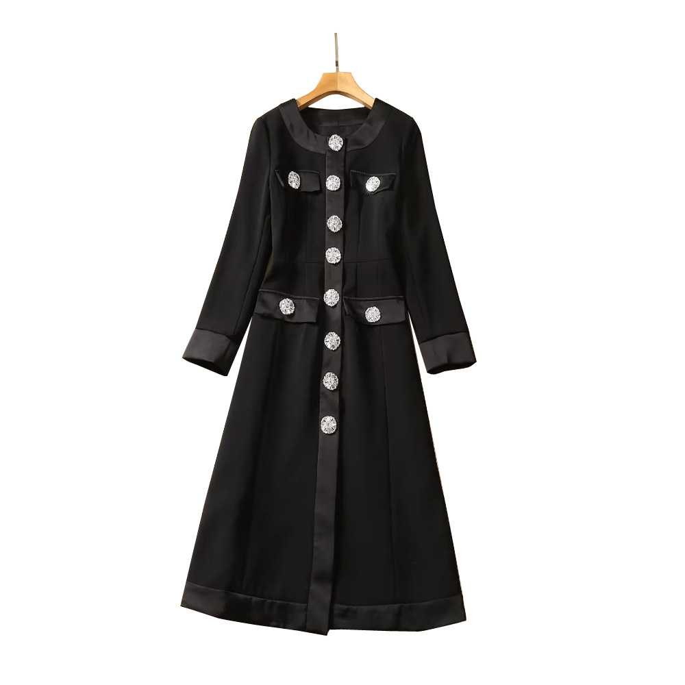 2023 Autumn Black Solid Color Dress Long Sleeve Round Neck Buttons Midi Casual Dresses A3S150901-08