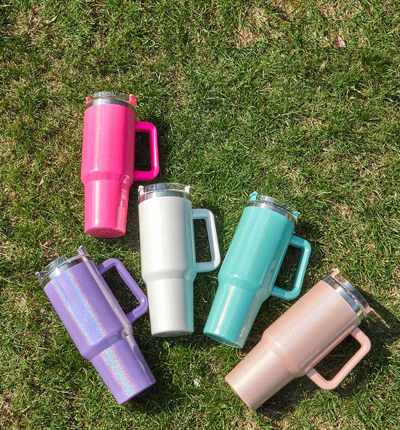 40oz Glitter Sublimation Tumblers Cups with Logo Handle and Straws Gradient Color Insulated Car Travel Mugs Stainless Steel big capacity Water Bottles GG1110