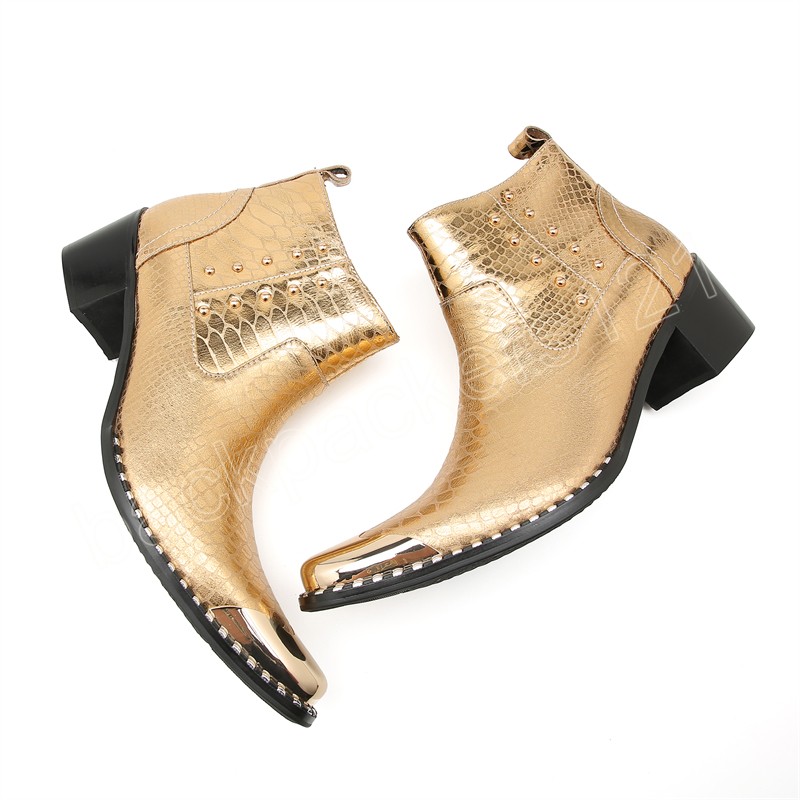 italian Cowboy Dress Fashion Boots Men Steel Pointed Toe Gold Snake Skin High Heels Rivets Shoes Motorcycle Boots Man