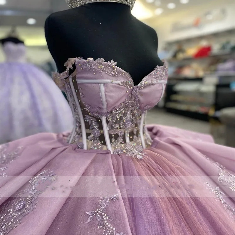 Luxury Lilac Purple Princess Ball Gown Quinceanera Dresses Beaded Appliques Luxury Vestidos De 15 Anos Prom Party Gowns