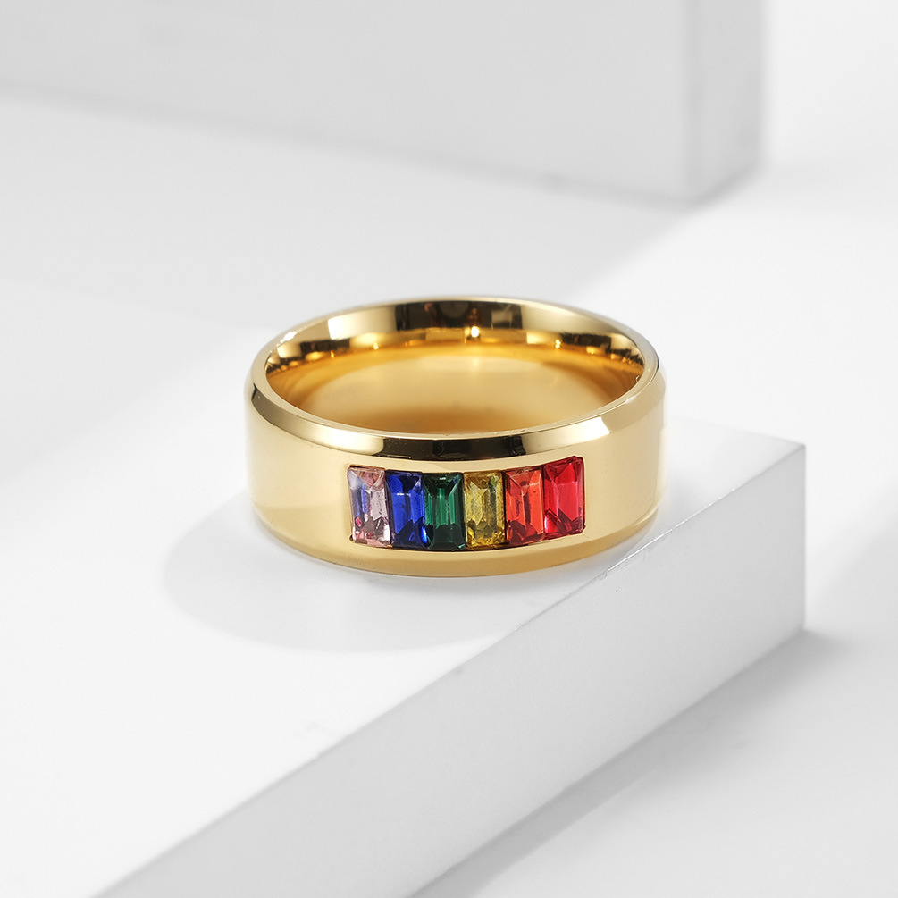 Fadhion Bague drapeau arc-en-ciel en acier inoxydable pour homme en acier titane lisse plaqué or