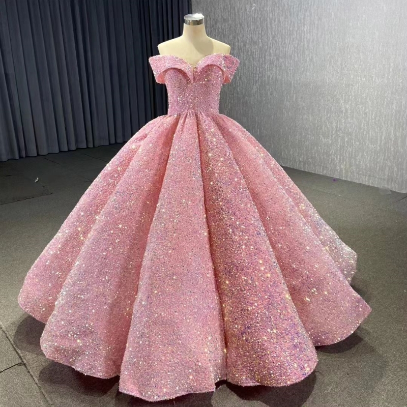 Roze Glanzende Off Schouder Glinsterde Quinceanera Jurk 2024 Volumineuze Pailletten Kralen Met Cape vestidos prom vestidos de baile jurk