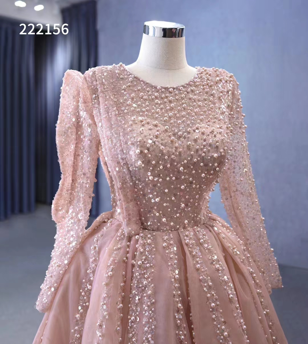 Princess Pink Evening Dress Ball Gown Sequined Full Sleeve Pearls SM222156