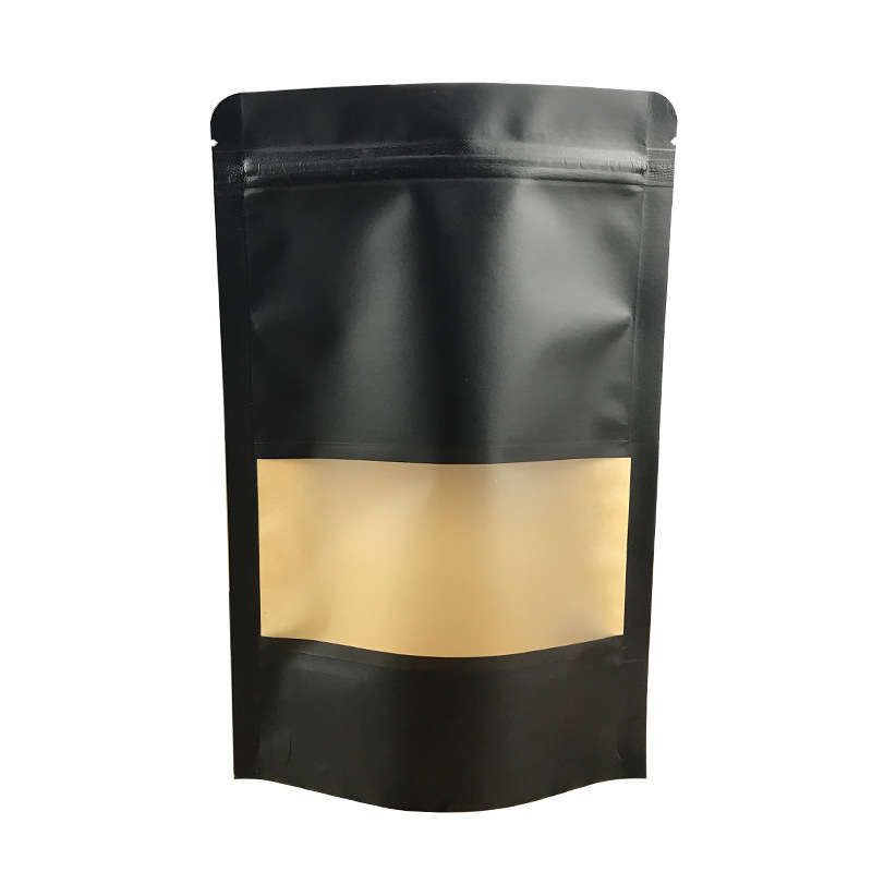 Sacos de papel Kraft pretos universais Mylar Janela fosca Stand Up Bolsa para alimentos Biscoitos Alimentos Lanche Erva Seca Flores Tabaco Café Feijão Caixa de embalagem de armazenamento