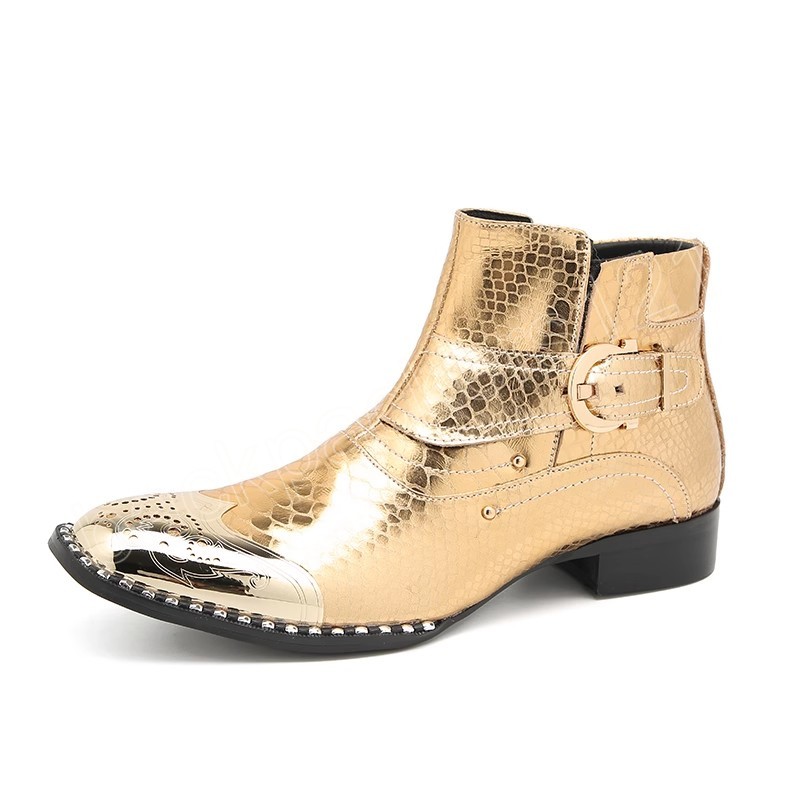 Italian Men Ankle Boots Gold Genuine Leather Shoes Snake Skin Metal Square Toe Formal Dress Boots Man Botas Hombre